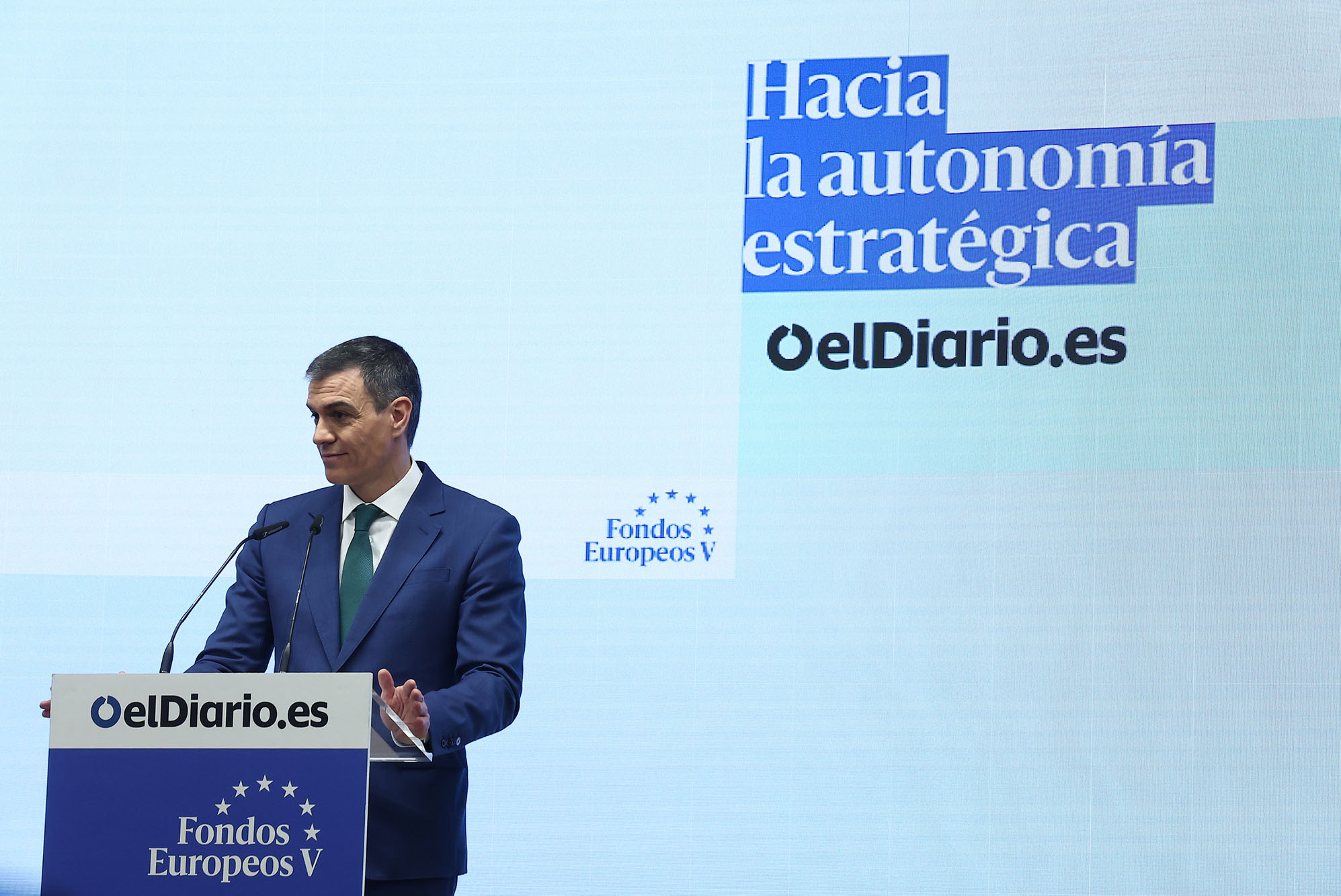 El presidente del Gobierno, Pedro Sánchez, interviniendo en el foro 'Fondos Europeos: Hacia la autonomía estratégica'.