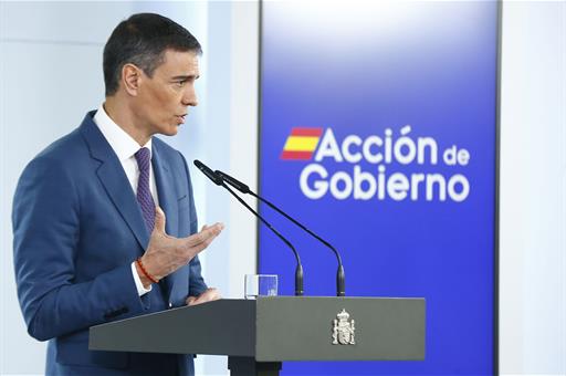 El presidente del Gobierno, Pedro Sánchez, durante la rueda de prensa en La Moncloa